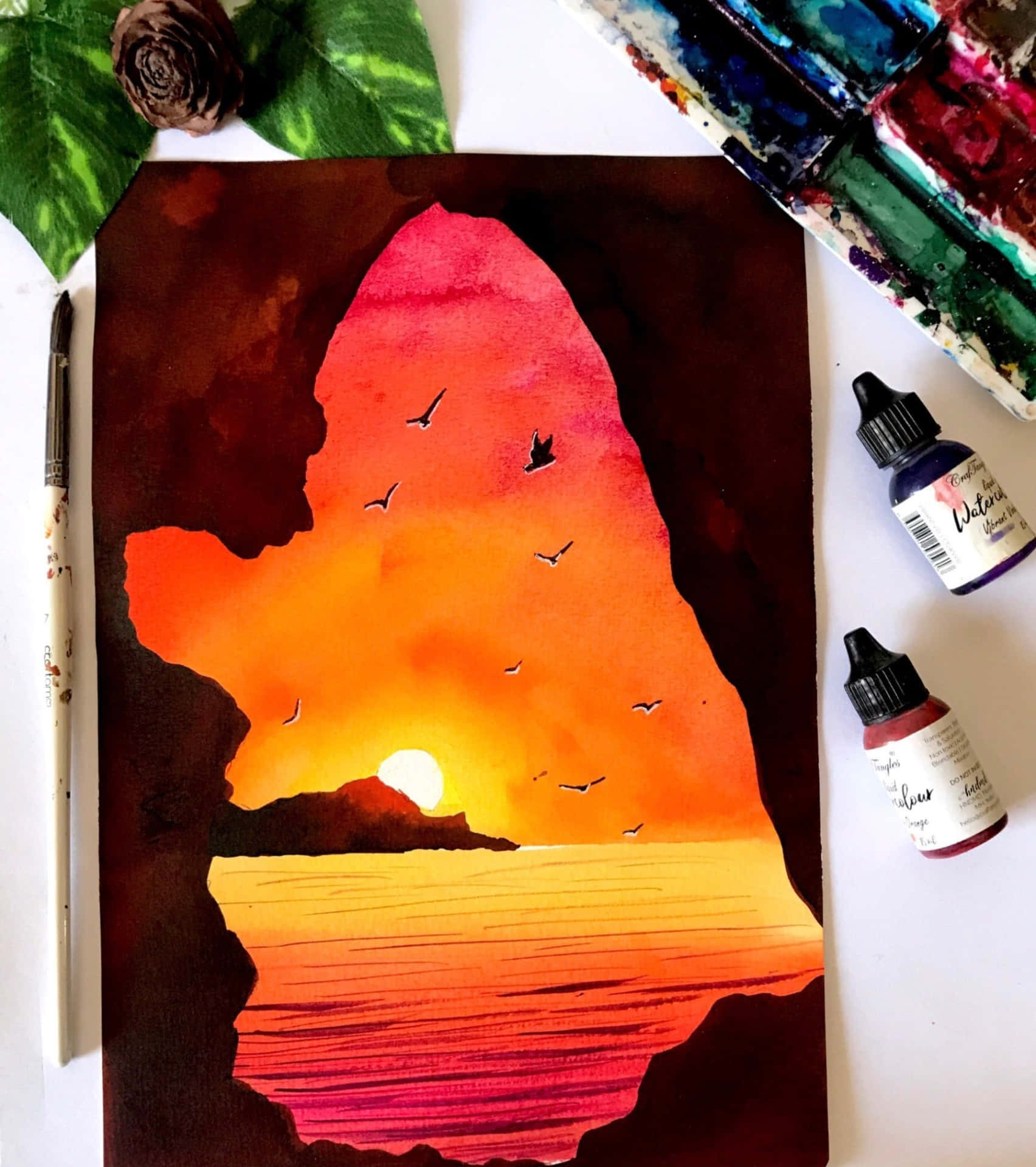 A Watercolor Painting Of A Sunset With Birds And A Bottle Of Paint