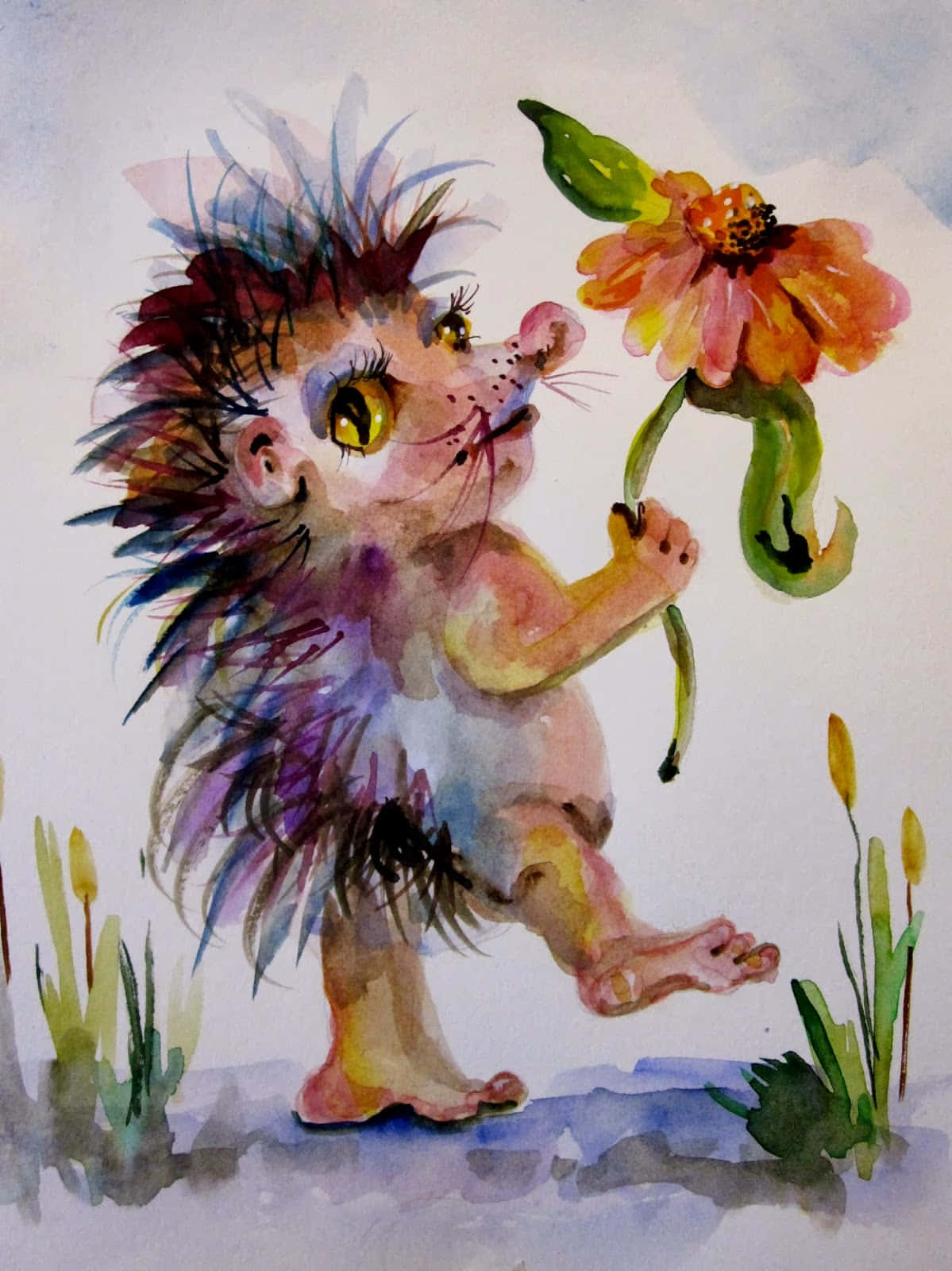 A Watercolor Painting Of A Hedgehog Holding A Flower