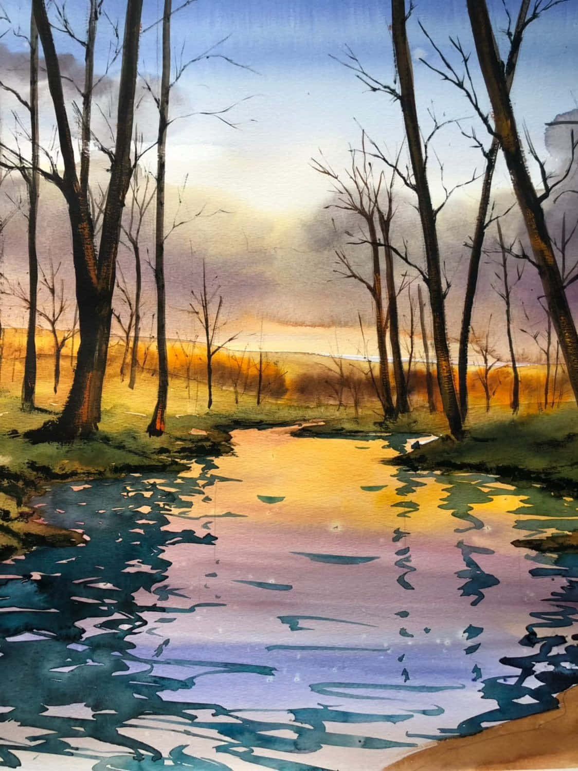 A Watercolor Painting Of A River In The Woods