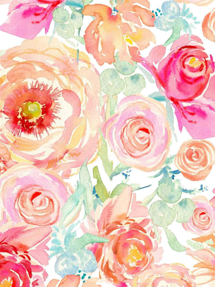 A Watercolor Floral Pattern With Pink And Orange Flowers