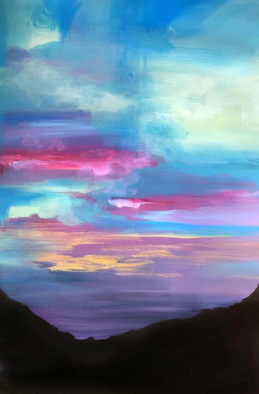 A Painting Of A Sunset With Blue And Pink Clouds
