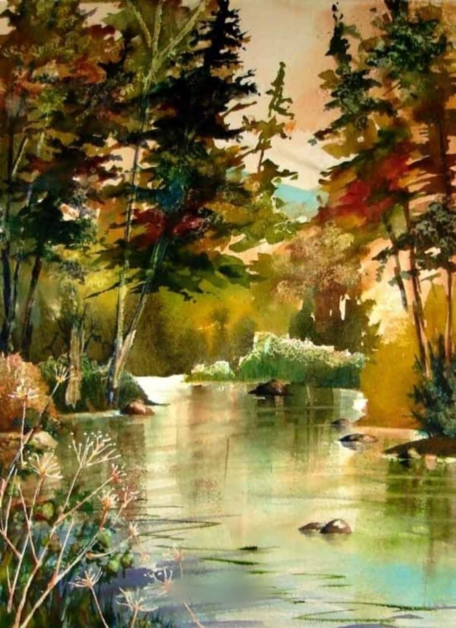 Watercolor Painting Of A River With Trees And Trees