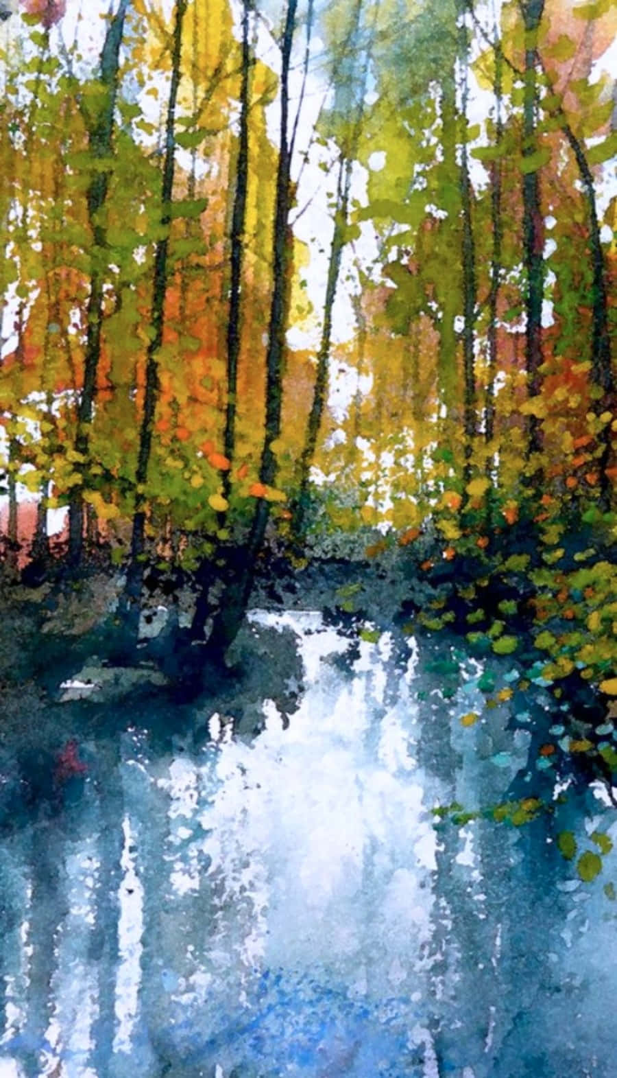 Watercolor Painting Of A Stream In The Woods