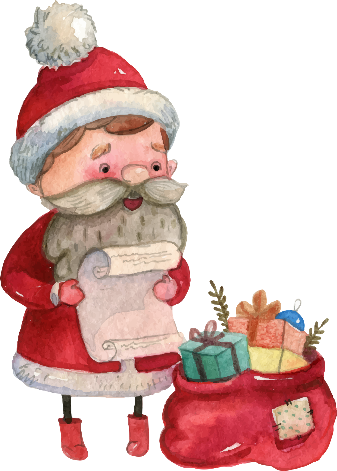 Watercolor Santa Claus Reading List PNG