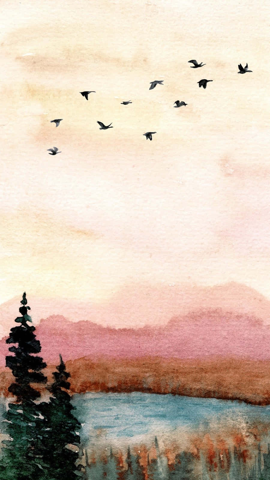 Watercolor_ Sunset_and_ Birds_ Flight Wallpaper