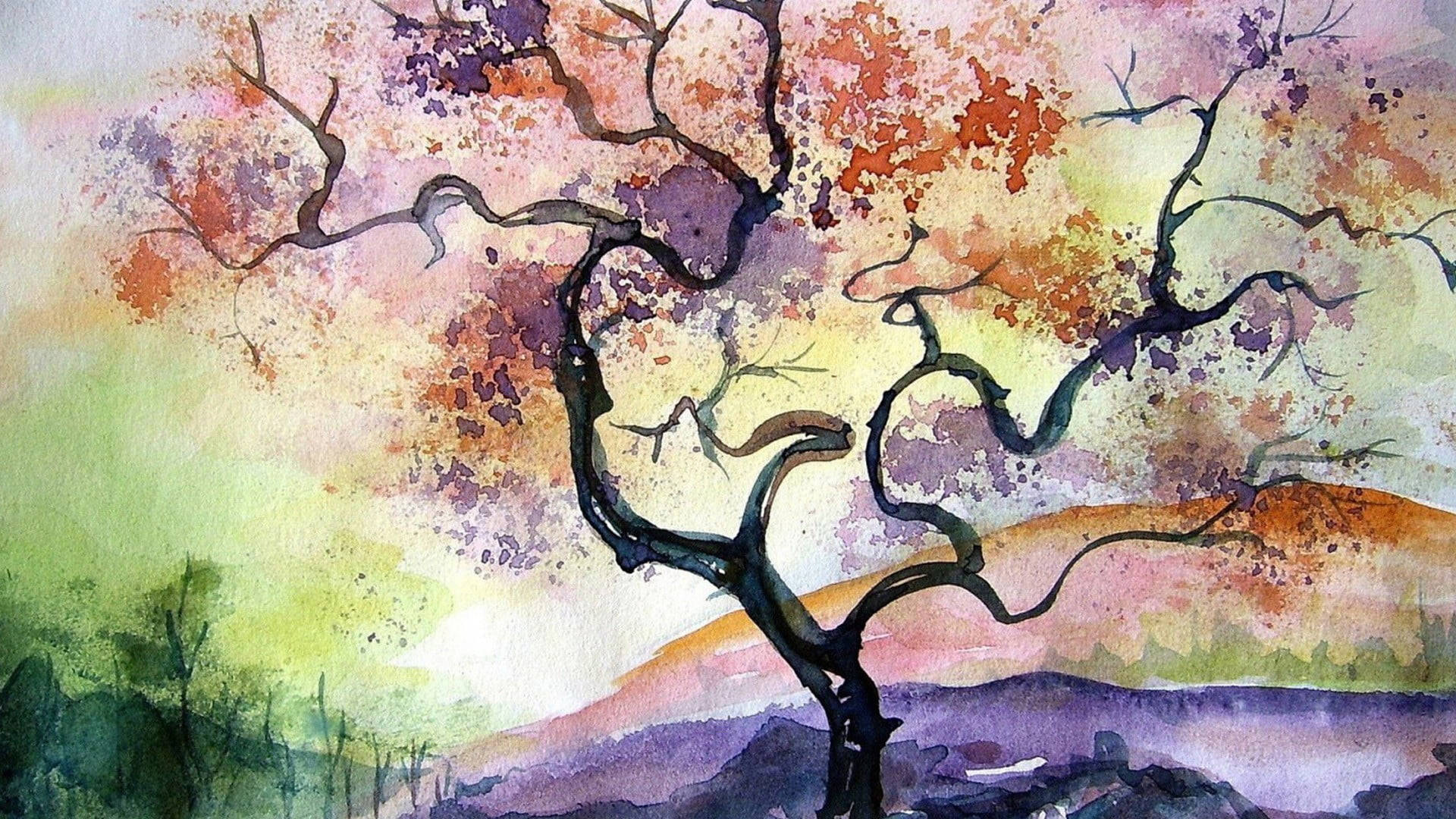 Watercolor Tree Painting Desktop Wallpaper