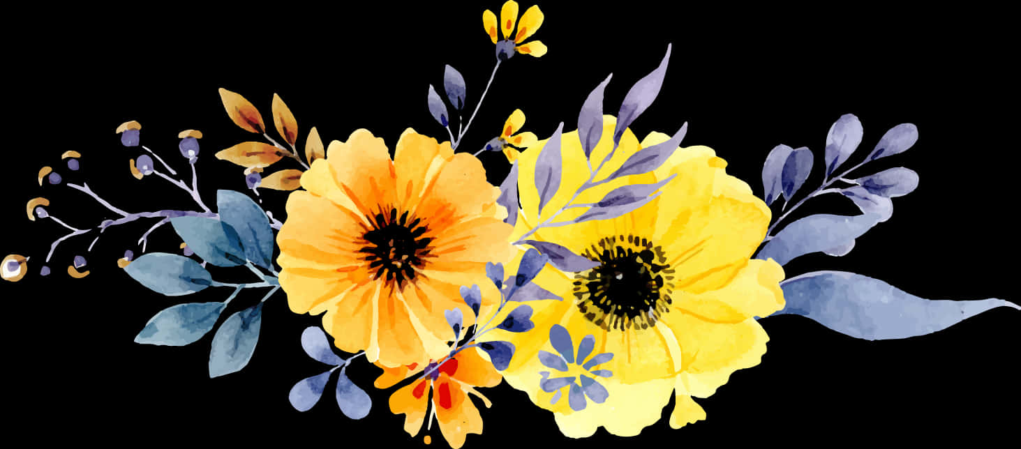 Watercolor Yellow Flowers Arrangement PNG