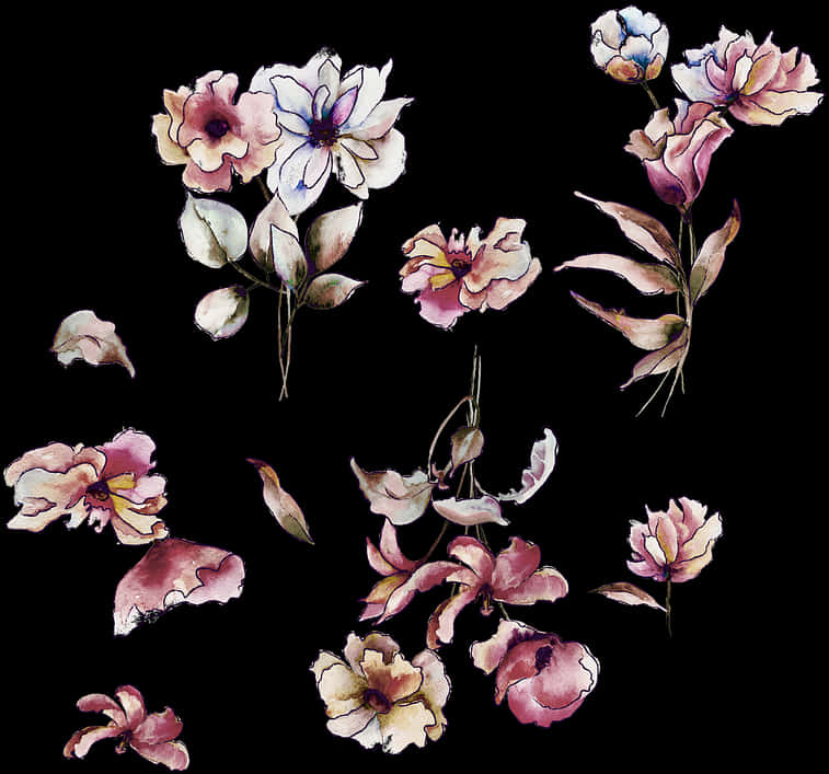 Watercolor_ Floral_ Collection_ Black_ Background PNG