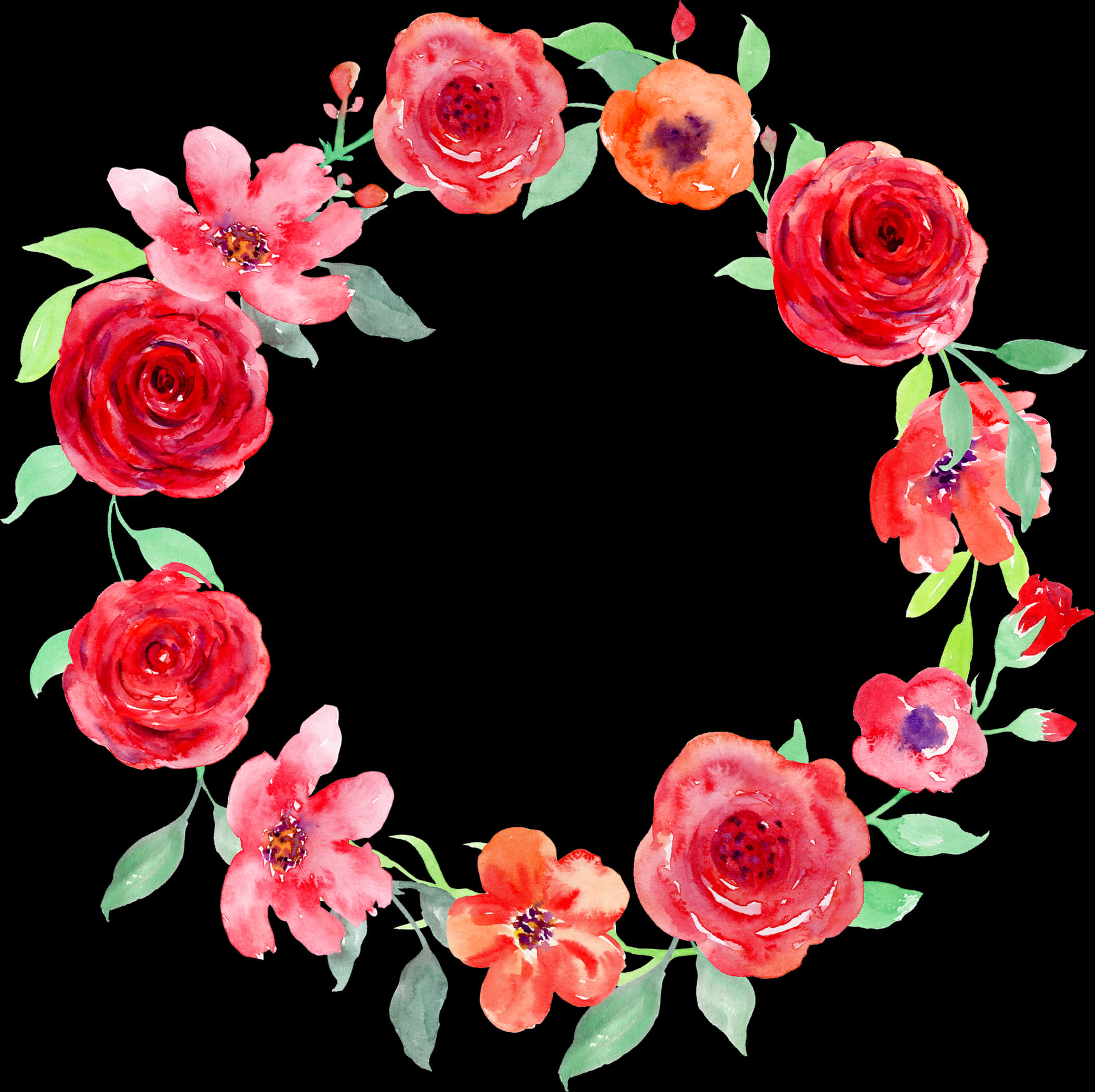 Watercolor_ Floral_ Wreath_ Black_ Background PNG