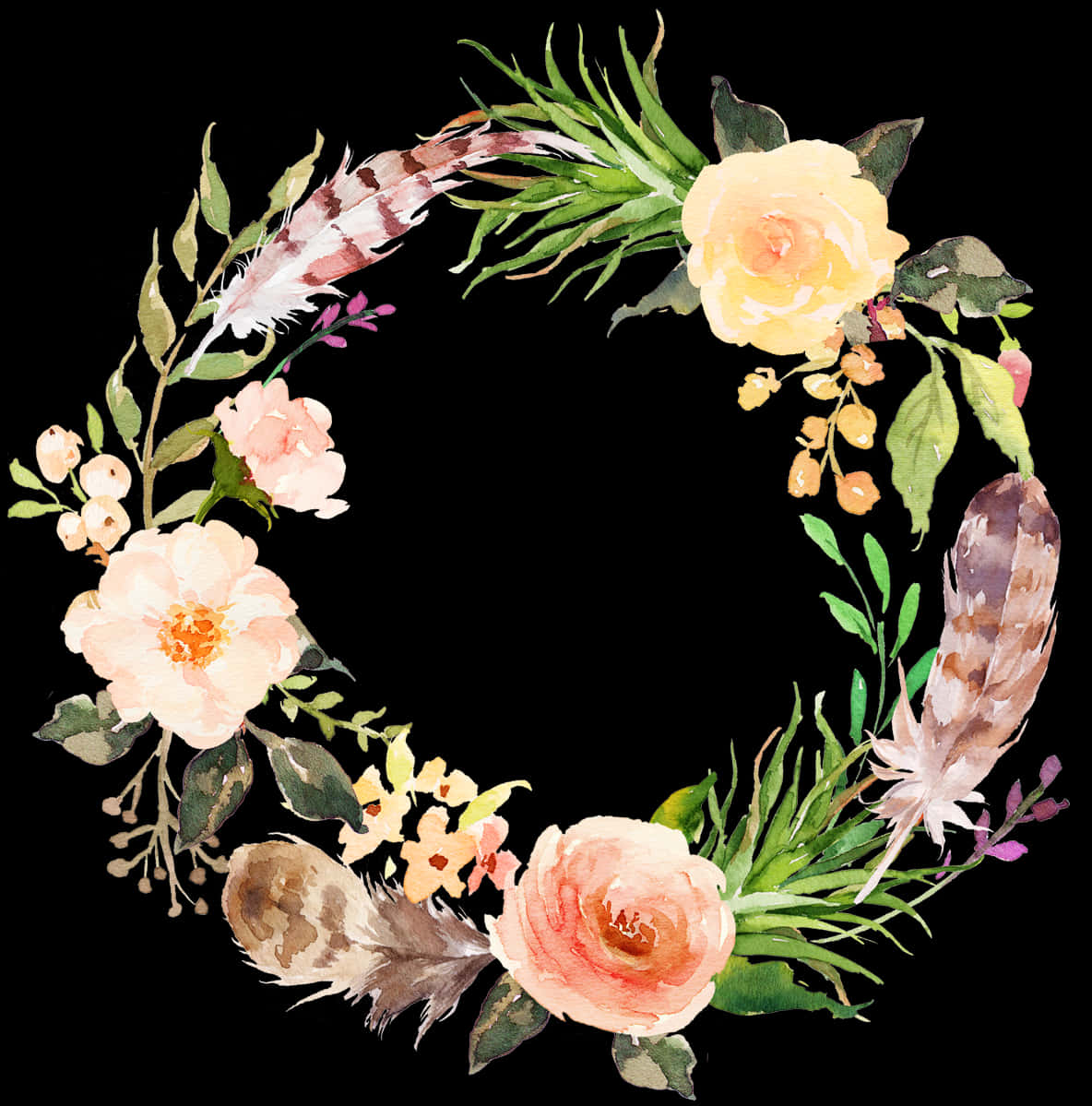 Watercolor_ Floral_ Wreath_with_ Feathers PNG