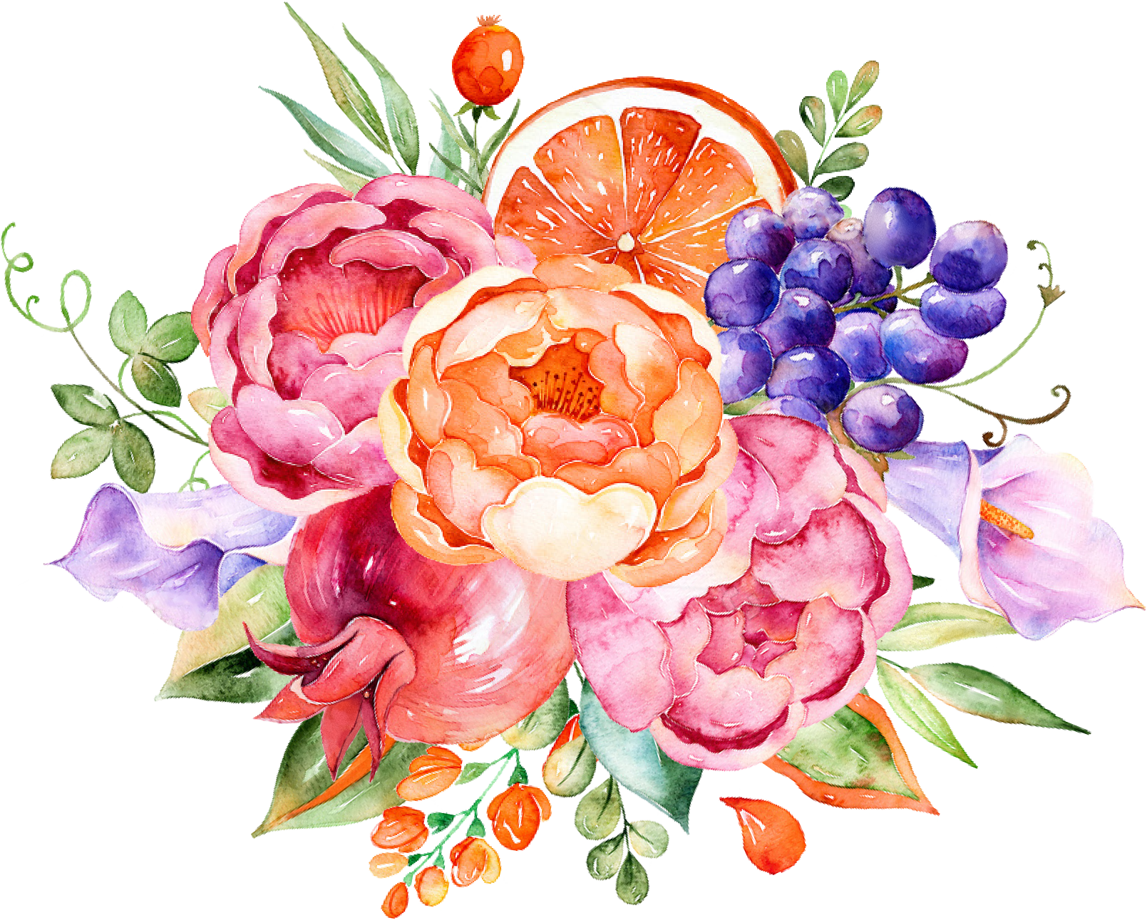 Watercolor_ Floral_and_ Fruit_ Composition.png PNG