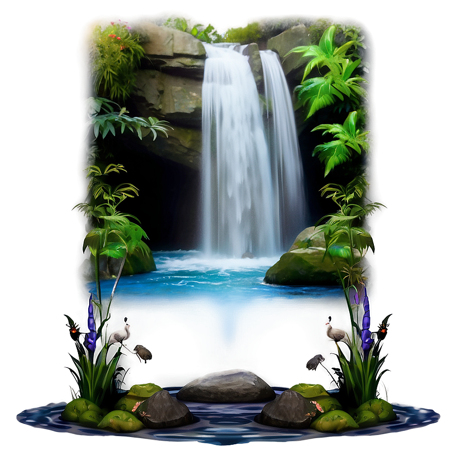 Waterfall And Wildlife Scene Png Dqp PNG