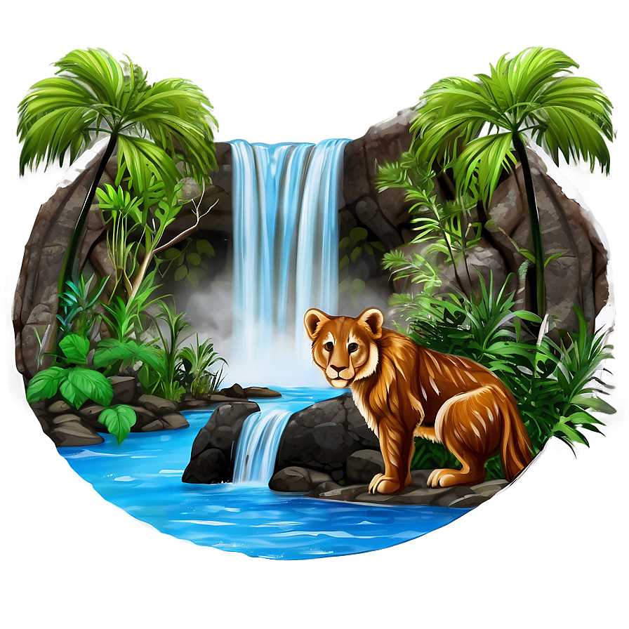 Waterfall And Wildlife Scene Png Hse98 PNG