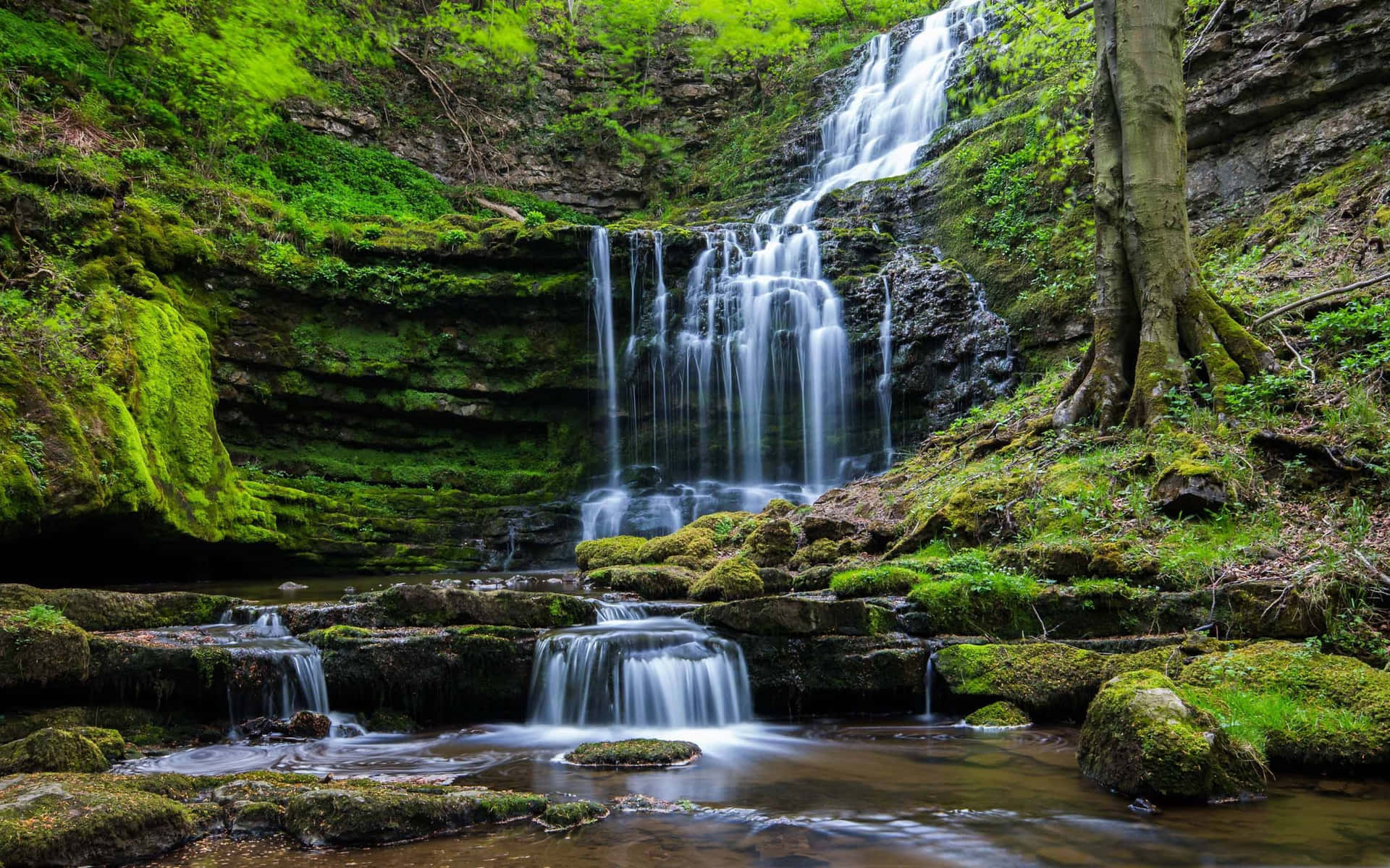 A beautiful waterfall cascading down a rocky riverbank.