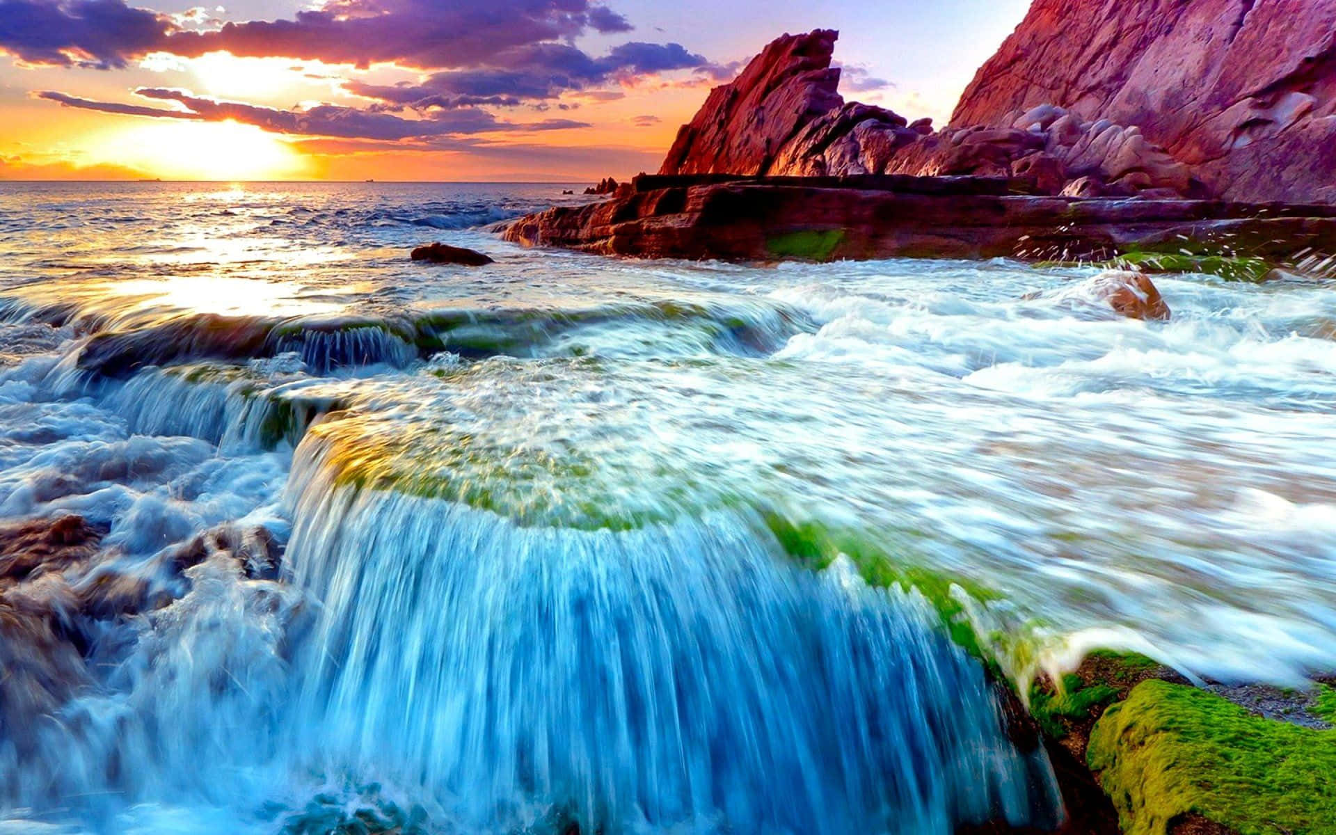 Magical Sunset With Tiny Waterfall Desktop Wallpaper