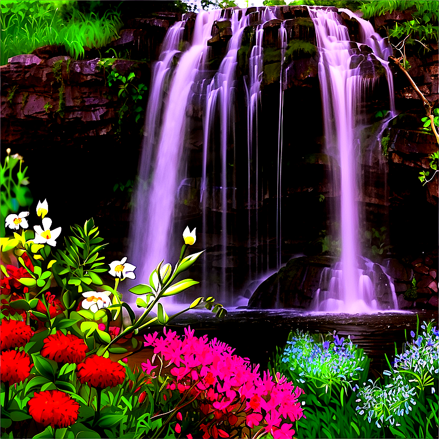 Download Waterfall In Bloom With Wildflowers Png Asx | Wallpapers.com