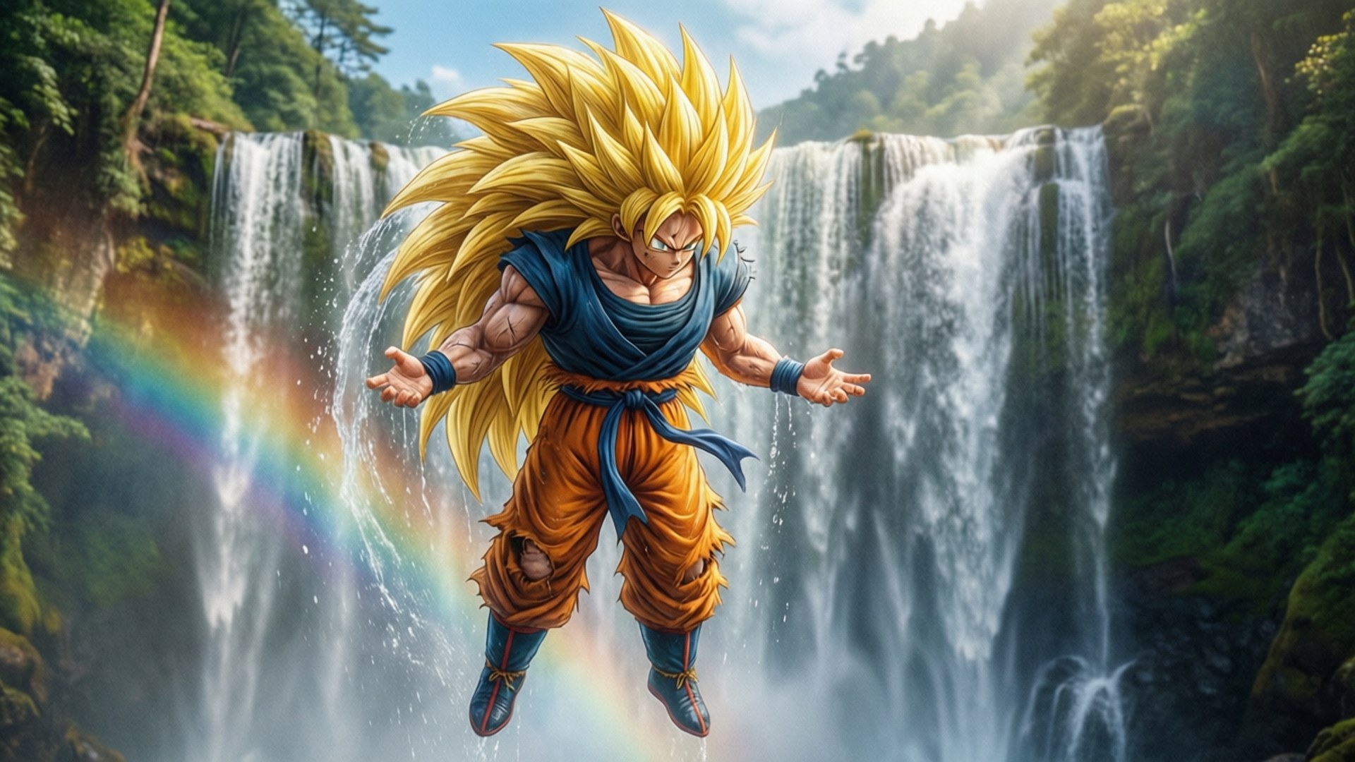 Goku SSJ3 melayang di atas air terjun dengan pelangi