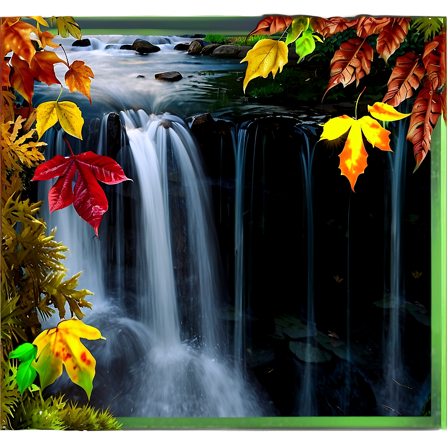 Waterfall Through Autumn Leaves Png Bya61 PNG