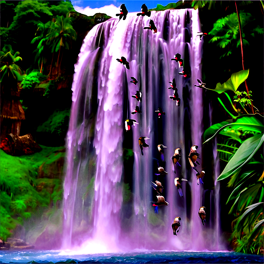 Waterfall With Birds Flying Over Png Grd64 PNG