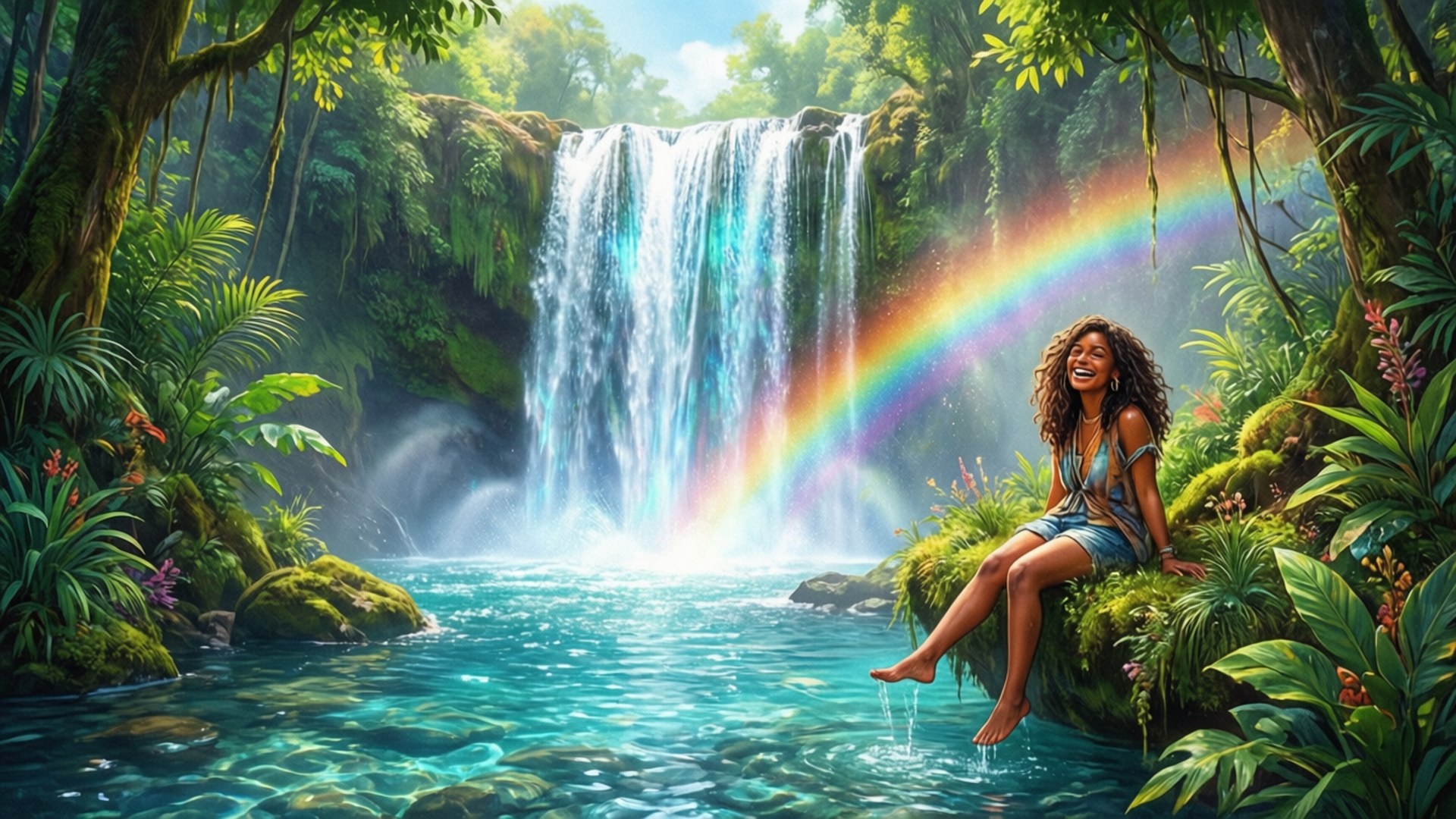 Niko profitant d'un arc-en-ciel à la cascade Glen