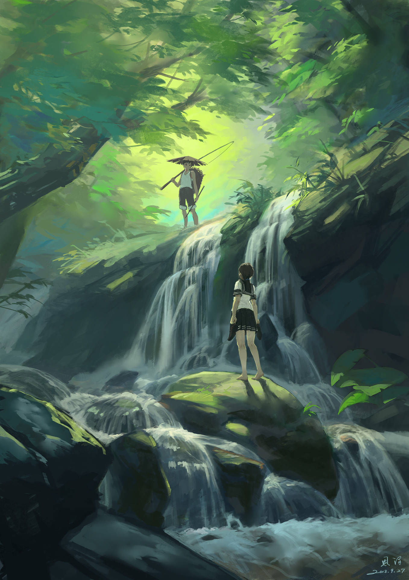 Waterfalls Jungle Boy And Girl Art Wallpaper