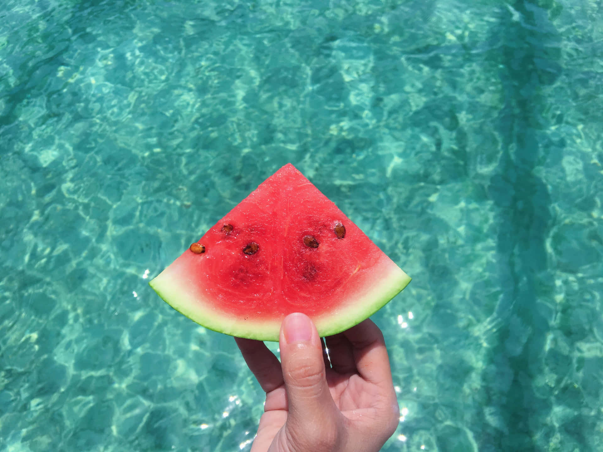 Aesthetic Watermelon Sliced In Swimming Pool Background