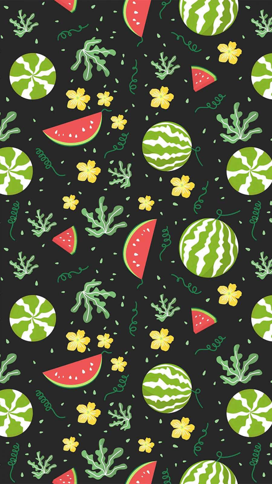 A Black And White Pattern With Watermelon And Other Fruits Wallpaper
