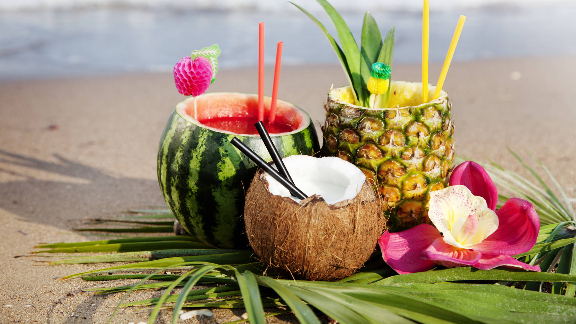 Watermelon, Pineapple And Coco Tropical Drinks Wallpaper