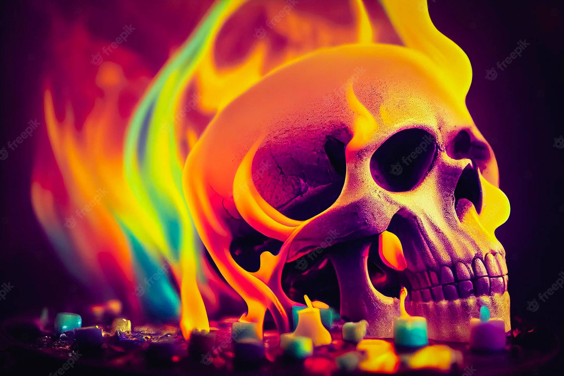 Dark Elegance: Wax Candles Illuminating a Burning Skull Wallpaper