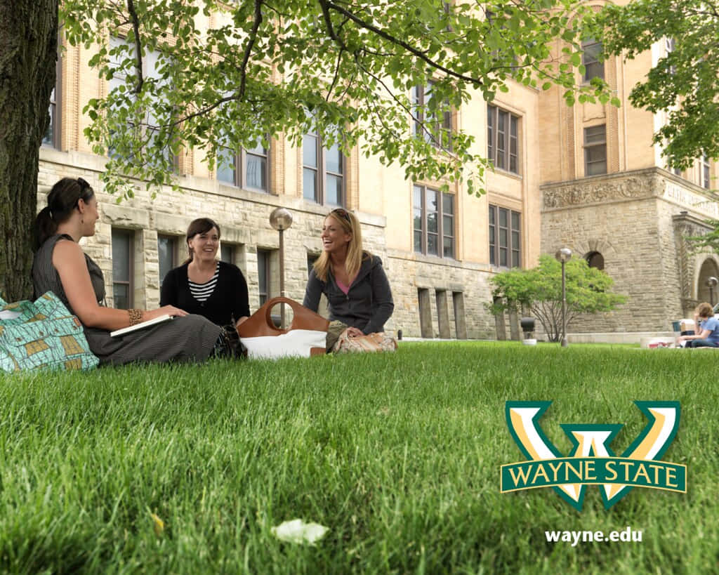Wayne State University Students and Logo on Grass. Wallpaper