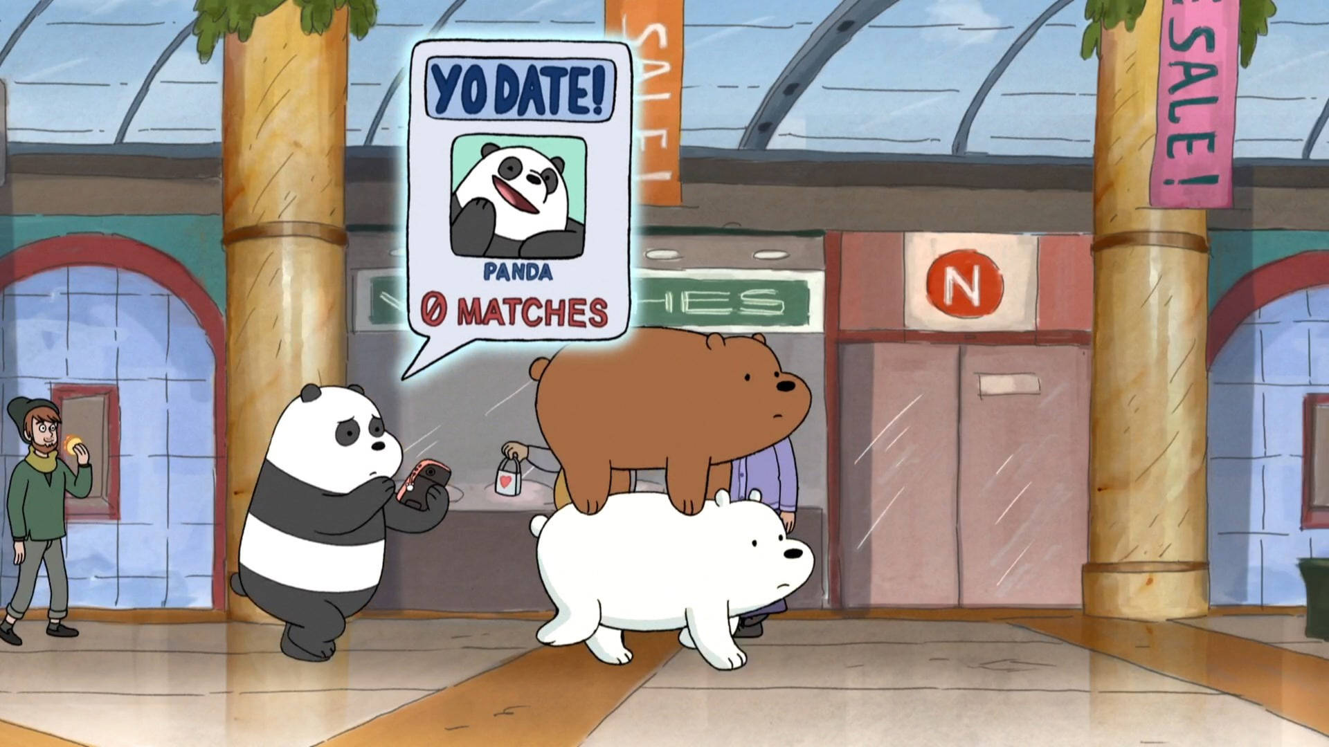 We Bare Bears Walking In Mall Background