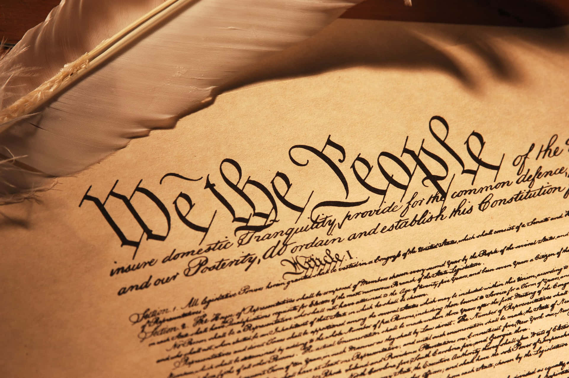 Den forenede staters forfatning sidder øverst på et fjer. Wallpaper