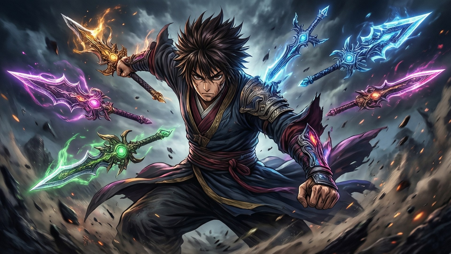 Minene Uryuu wielding magical weapons, surrounded by dark clouds and glowing energy.