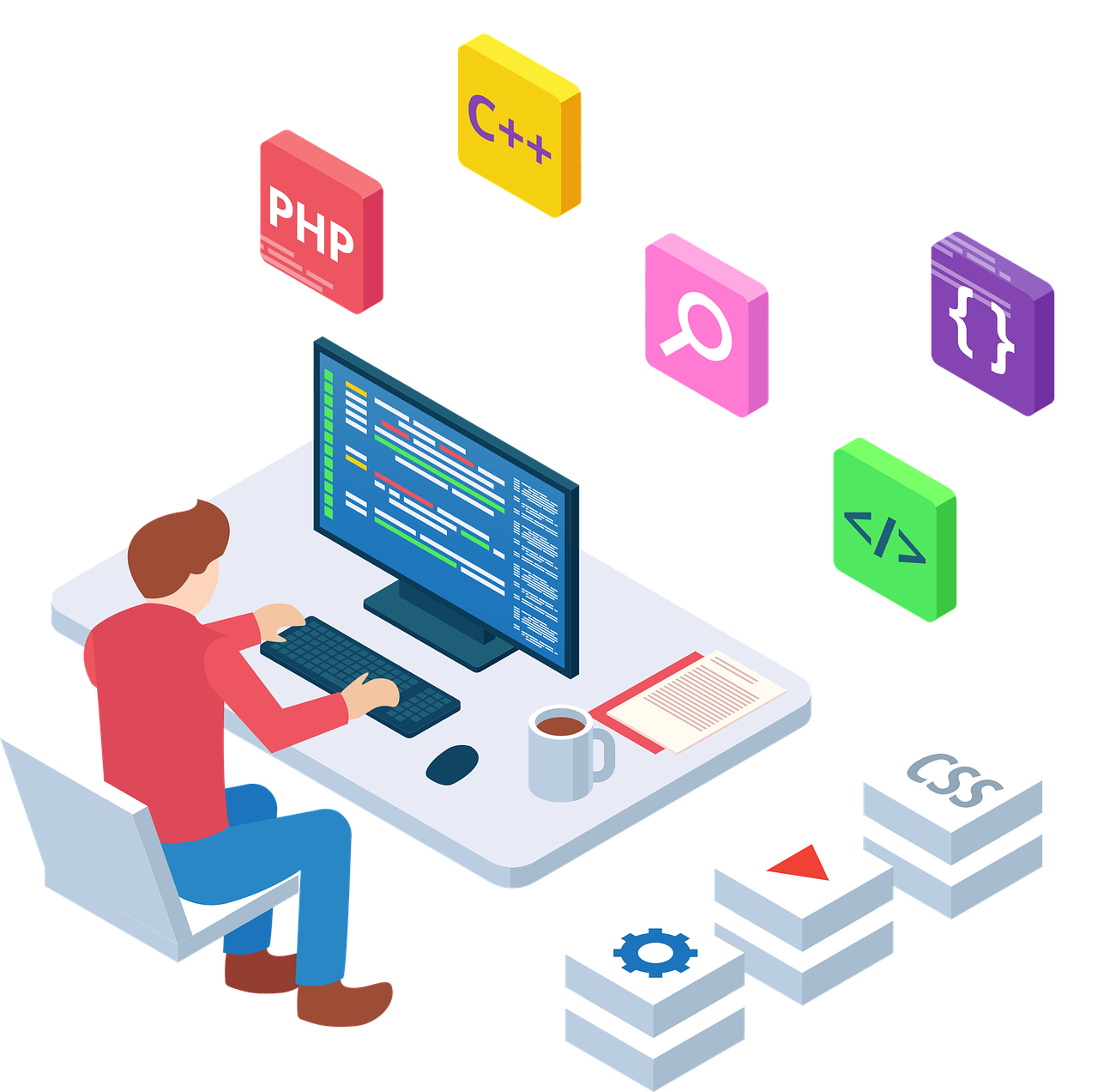 Web Developer Programming Languages Isometric PNG — Isometric programmer coding surrounded by floating programming language blocks and code snippets.