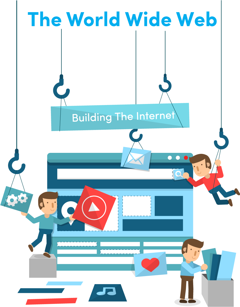 Web Development Concept Illustration PNG — Cartoon workers assemble a giant browser using crane hooks and digital icons against a black background.