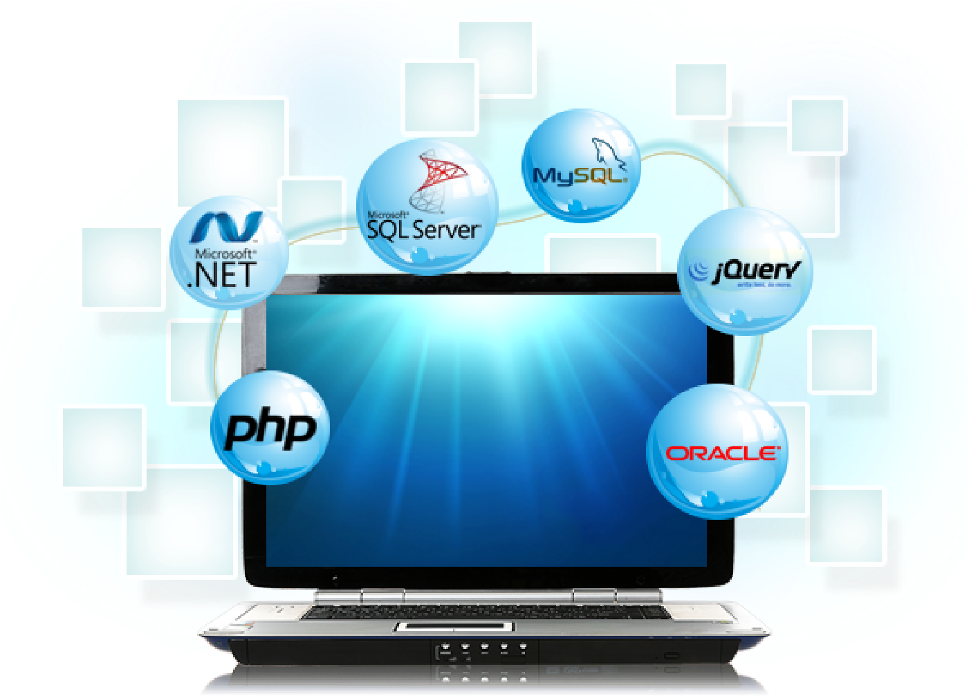 Sebuah laptop dengan ikon yang mewakili berbagai teknologi pengembangan web seperti PHP, .NET, SQL Server, MySQL, jQuery, dan Oracle melayang di sekitarnya.