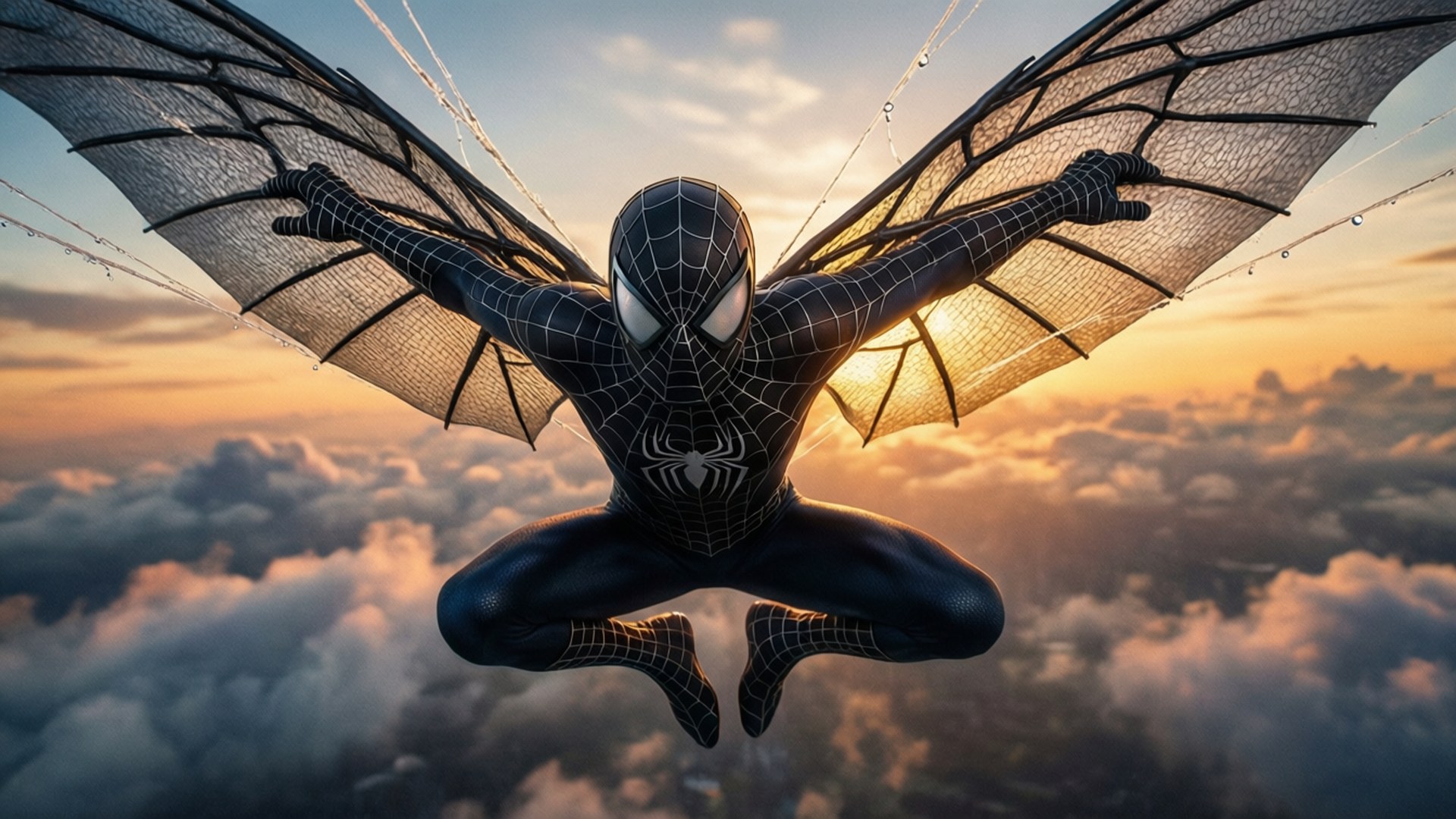 Web Glide Papéis de Parede — Homem-Aranha preto planando com asas de teia ao pôr do sol.