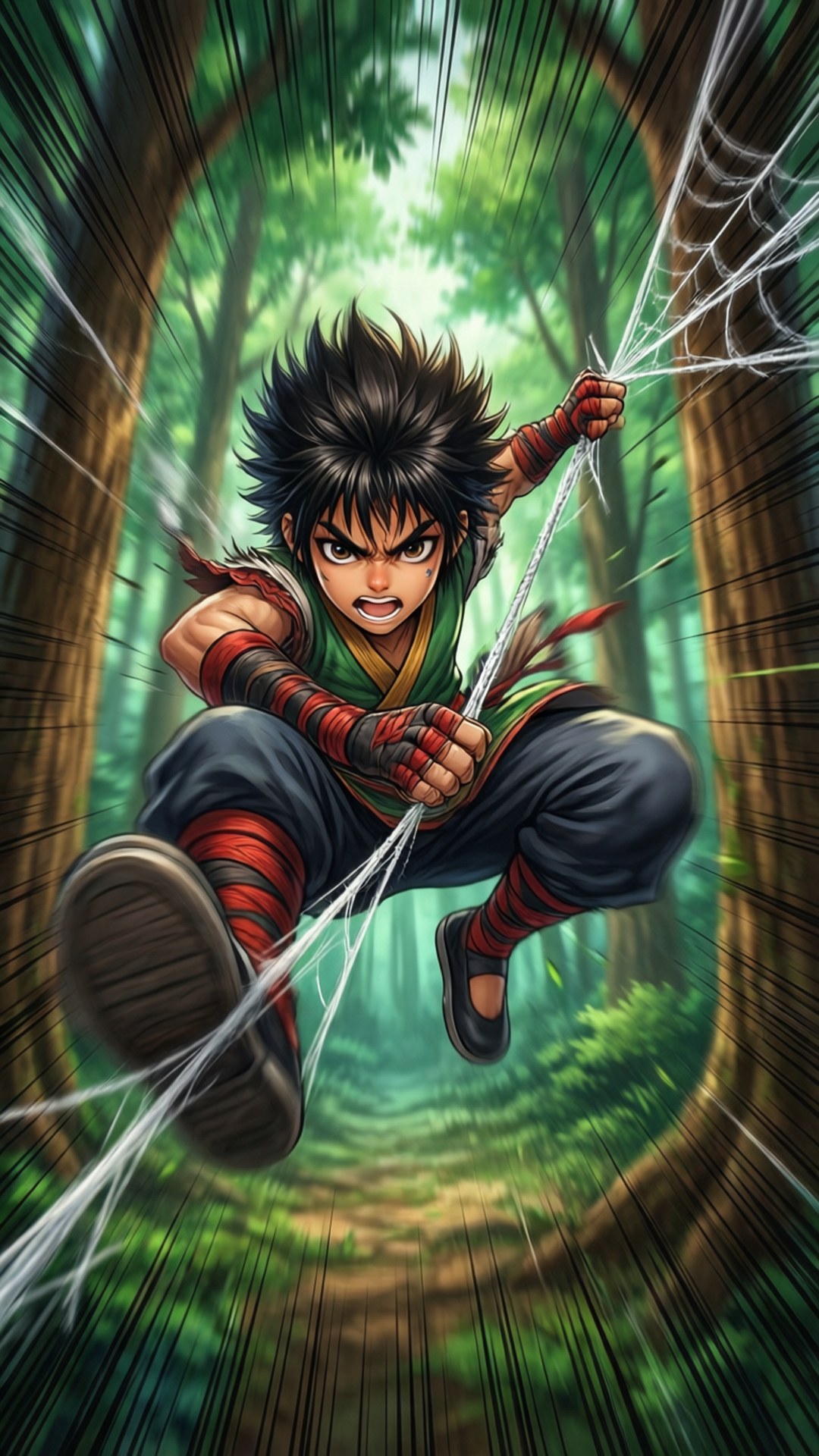 Personaggio anime che si dondola attraverso una foresta usando fili di ragnatela