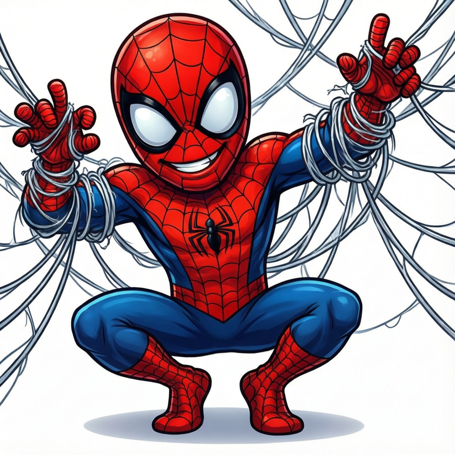 Giocoso cartone animato di Spider-Man intrappolato nella sua stessa ragnatela.