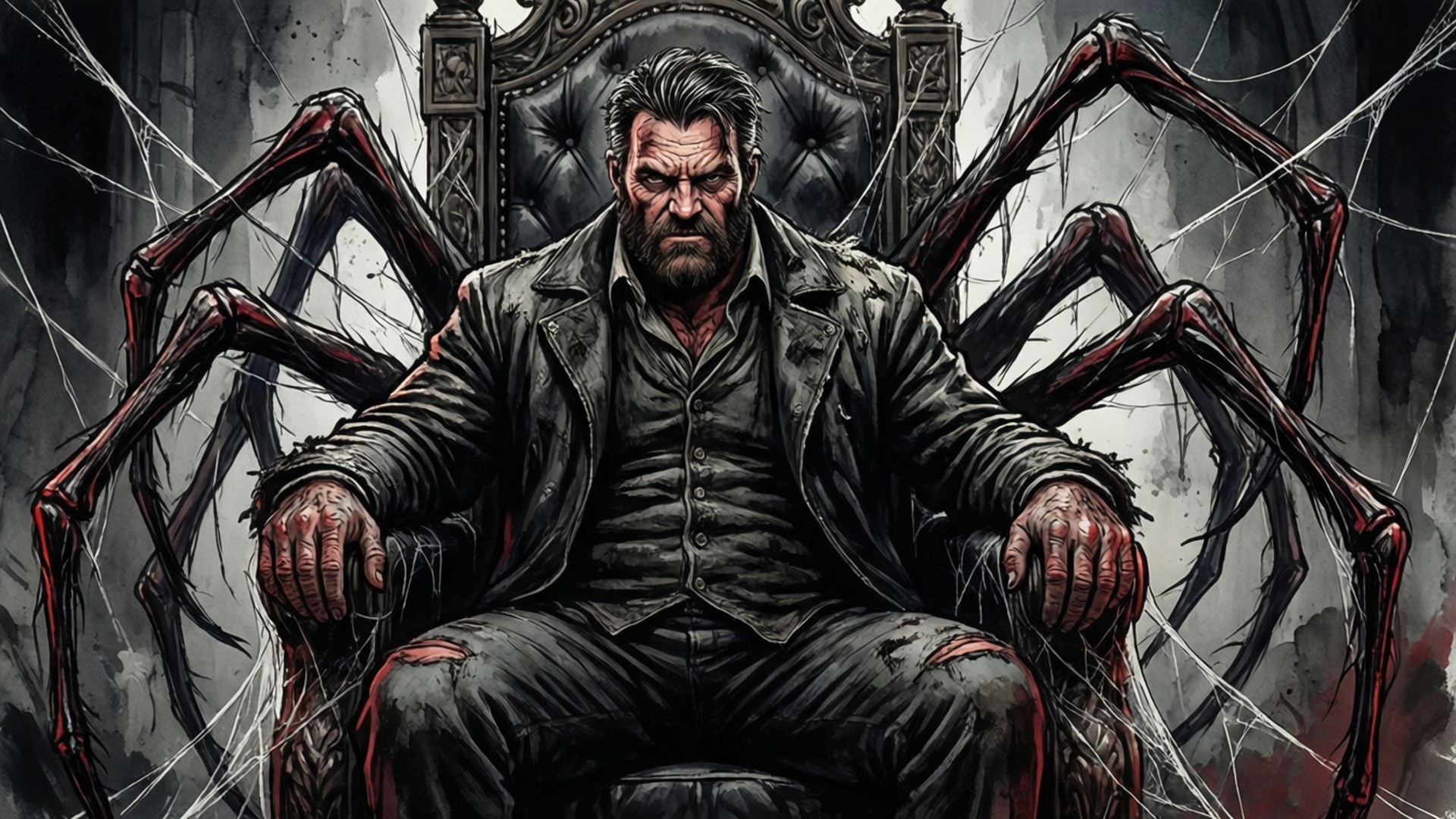 En mann med skjegg sitter på en trone omgitt av gigantiske edderkoppbein i en mørk gotisk scene.