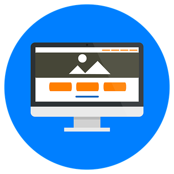 Website Interface Icon PNG — A flat design icon of a computer monitor displaying a simplified webpage with orange buttons and mountain graphic.