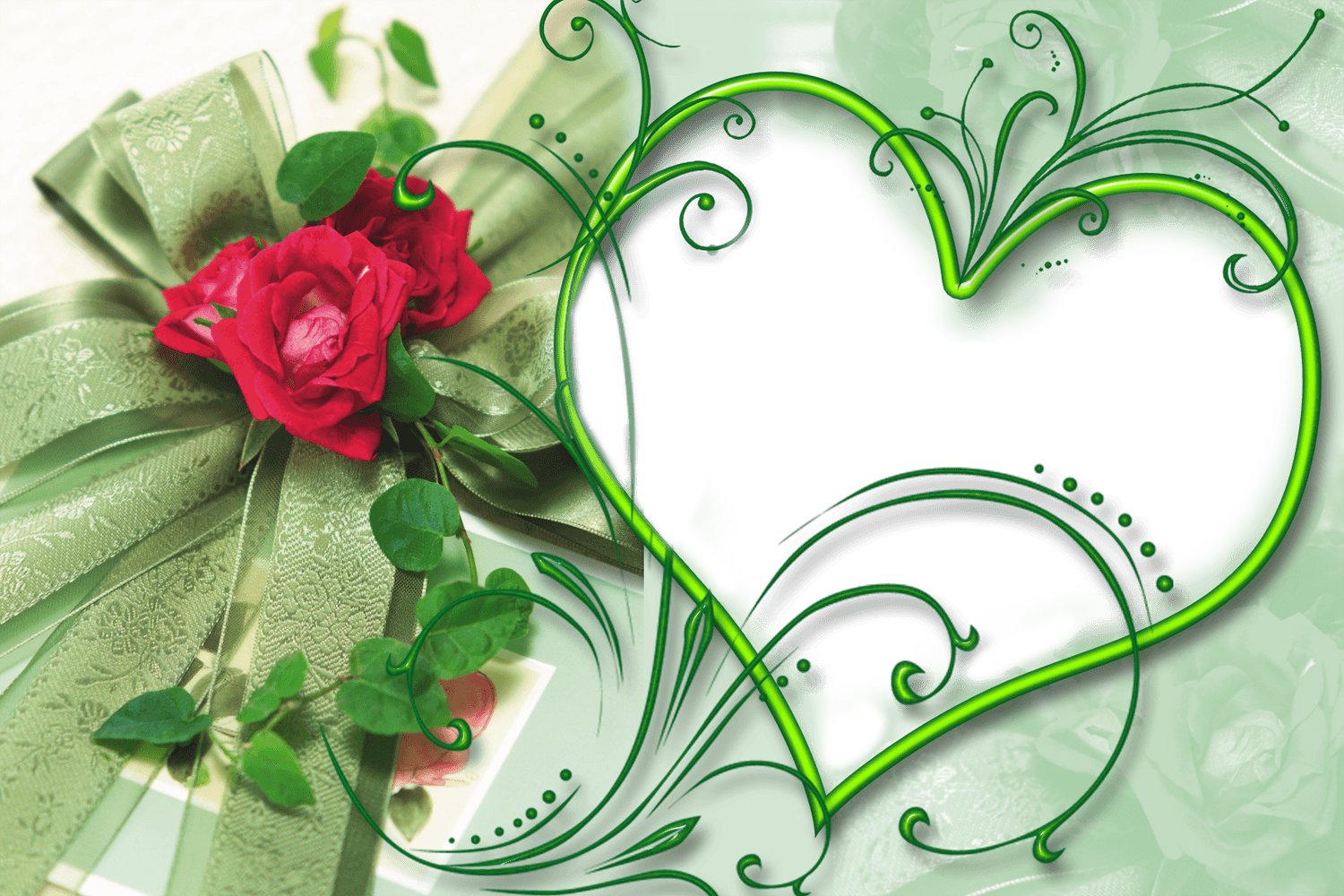 Einherzförmiger Rahmen In Grün Mit Einer Rose.