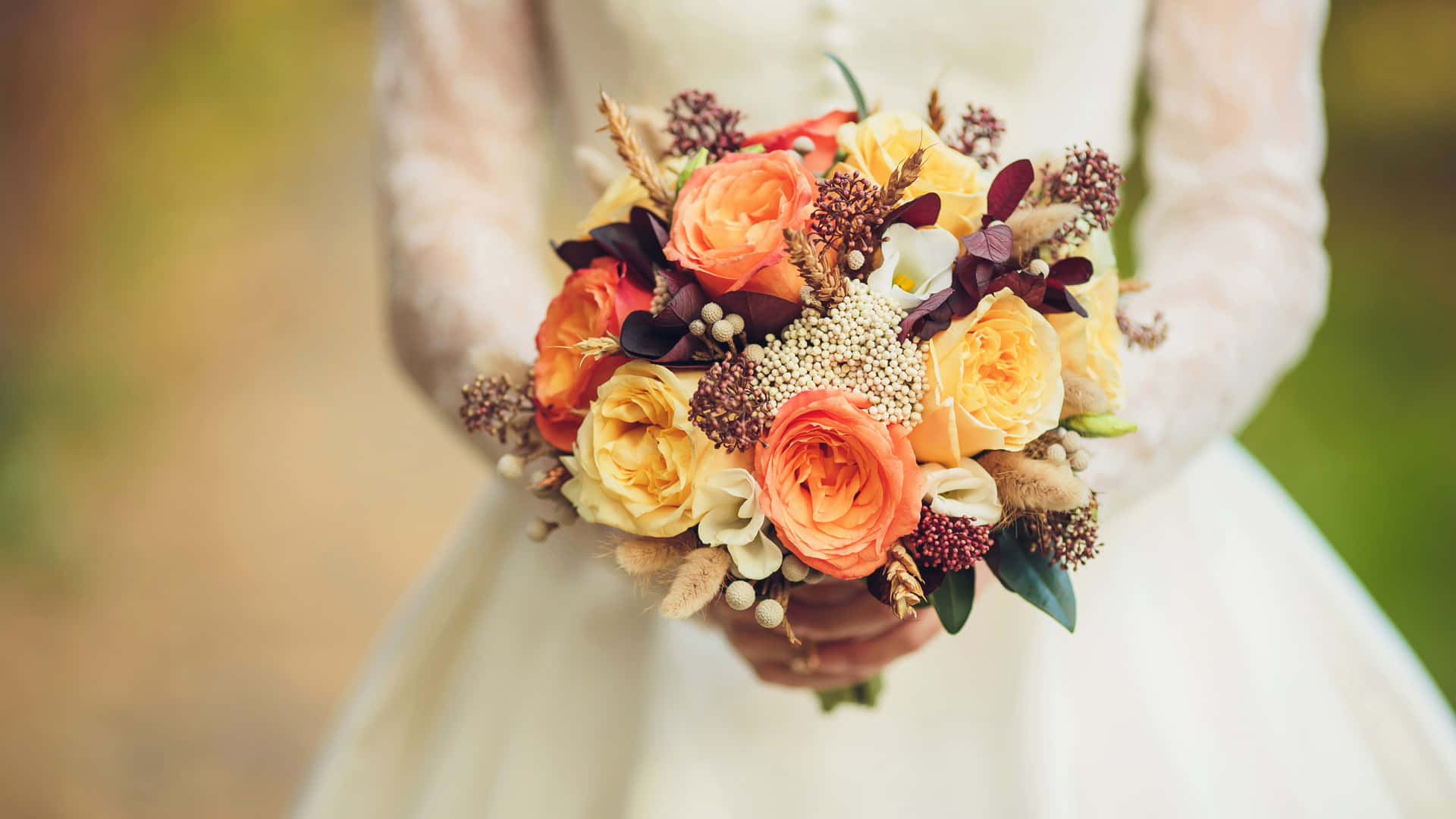 Elegant Wedding Bouquet in Bride's Hands Wallpaper
