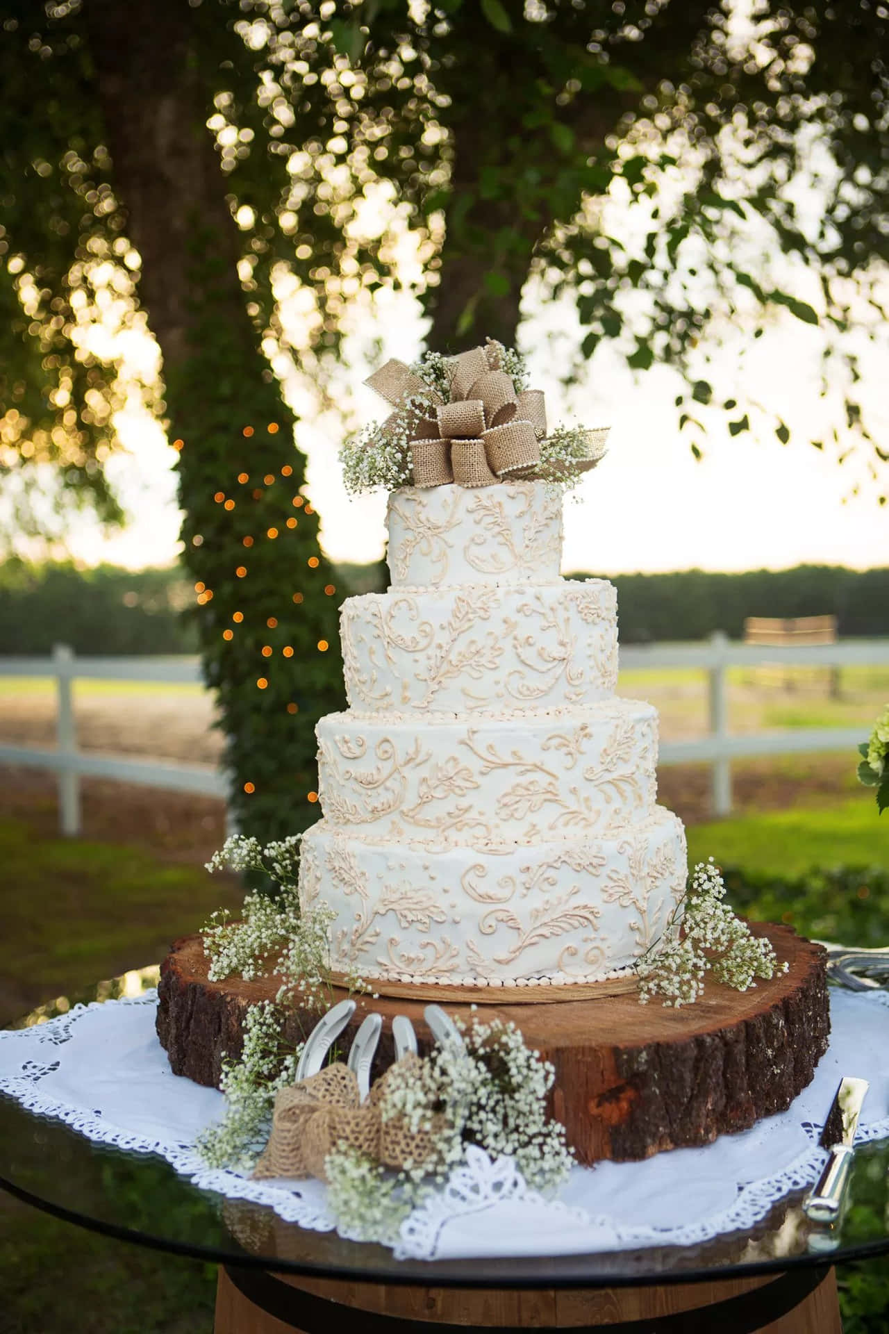 A Wedding Cake On A Wooden Table