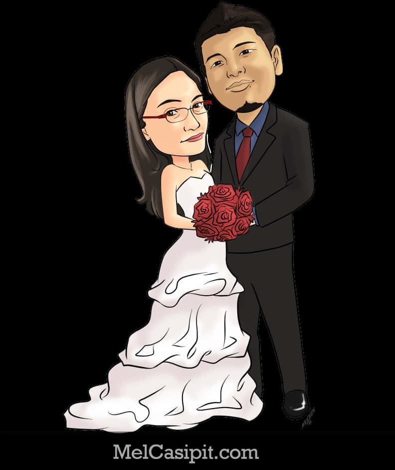 Wedding Caricature Couplewith Roses PNG