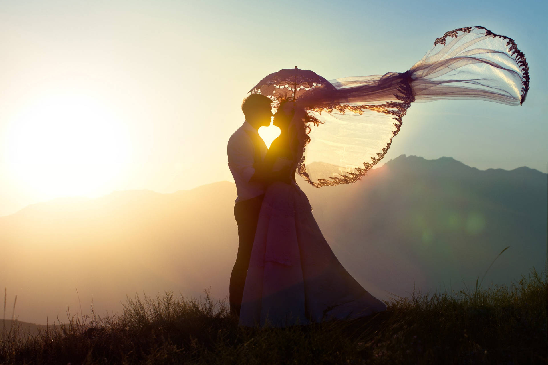 Wedding Couple Silhouette At Sunset