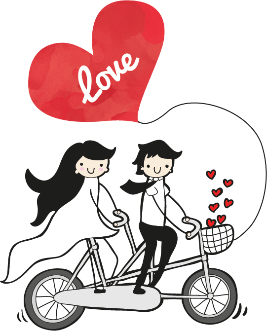 Wedding Coupleon Tandem Bicyclewith Love Balloon PNG