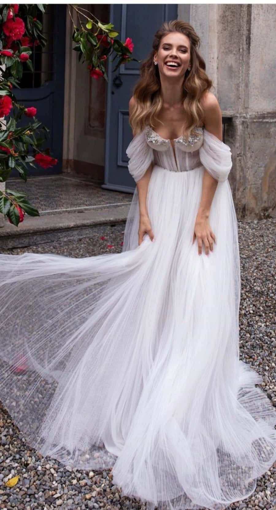 Elegant Bride Wearing a Beautiful Wedding Dress in an Outdoor Venue