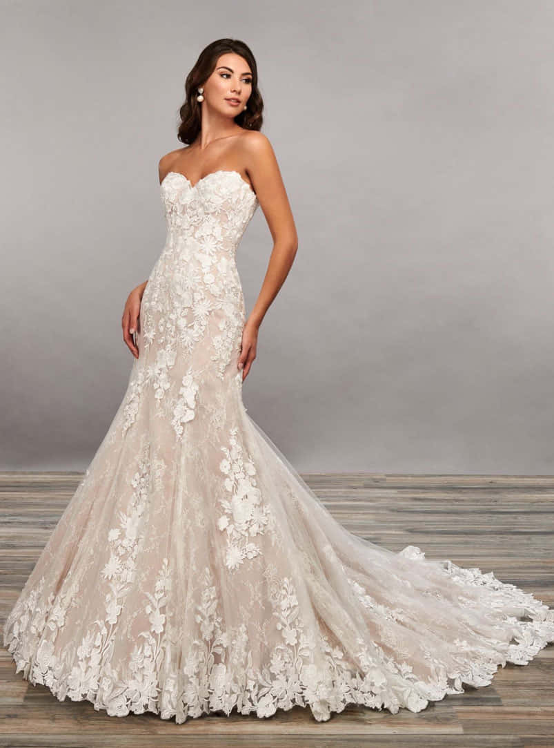 A Beautiful Wedding Dress With A Lace Overlay