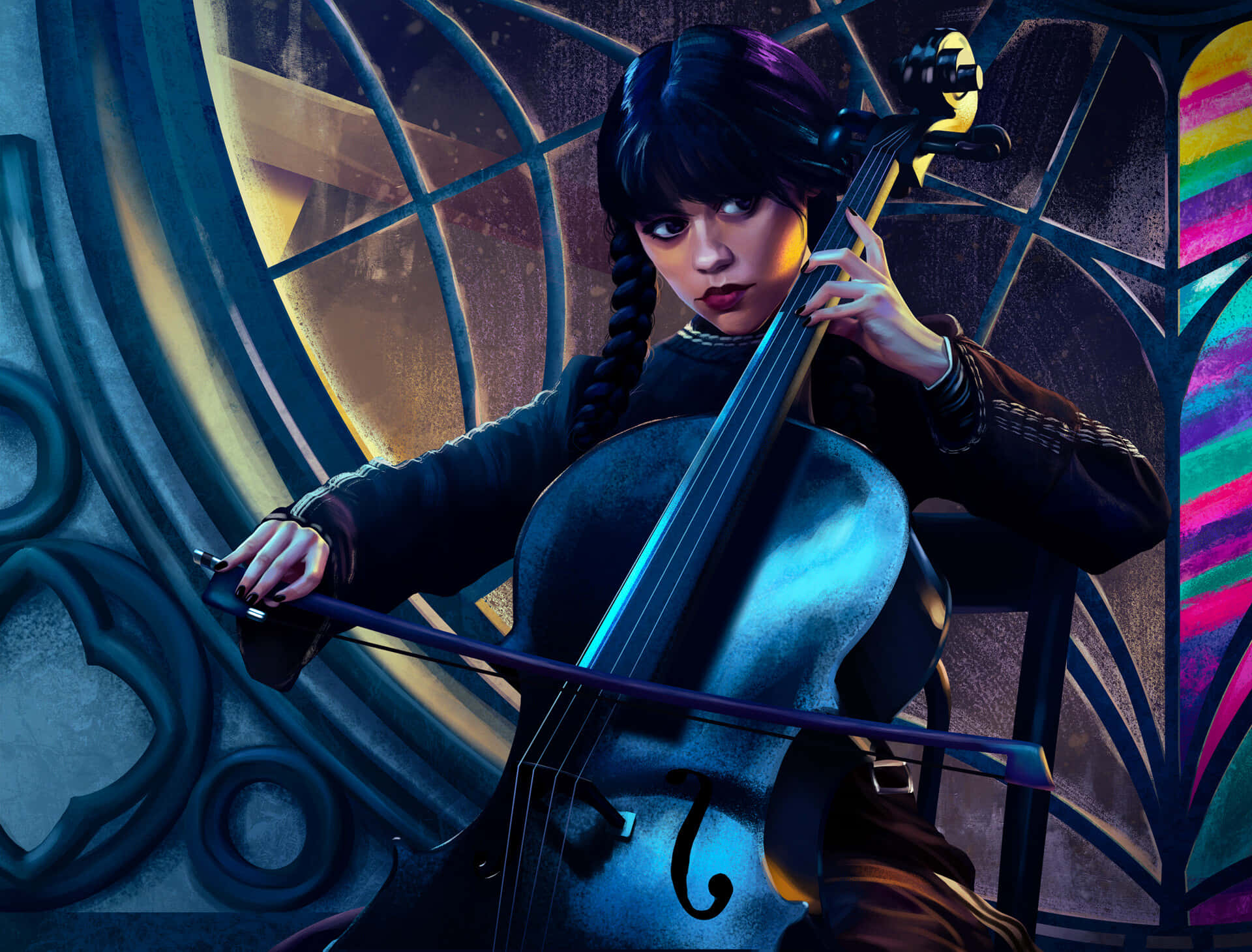 Wednesday_ Addams_ Playing_ Cello_ Artwork Wallpaper